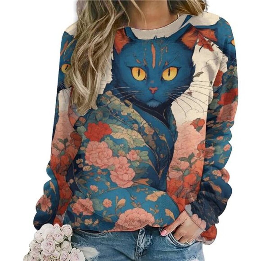 Cat Sweatshirts for Women Cute Cat Sweater Graphic Crewneck Sweatshirts